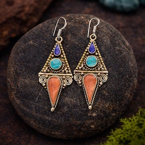 Boho Turquoise Coral Dangle Earrings, Handmade Nepalese Jewellery, Artisan Statement Gift, Boho Ethnic Style image 1