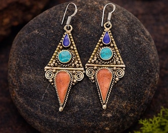 Boho Turquoise Coral Dangle Earrings, Handmade Nepalese Jewellery, Artisan Statement Gift, Boho Ethnic Style
