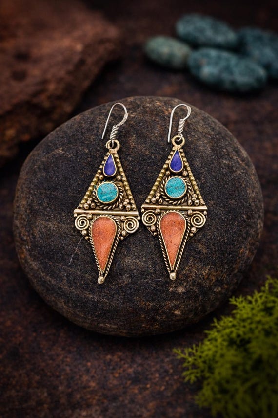 Boho Turquoise Coral Dangle Earrings, Handmade Nepalese Jewellery, Artisan Statement Gift, Boho Ethnic Style