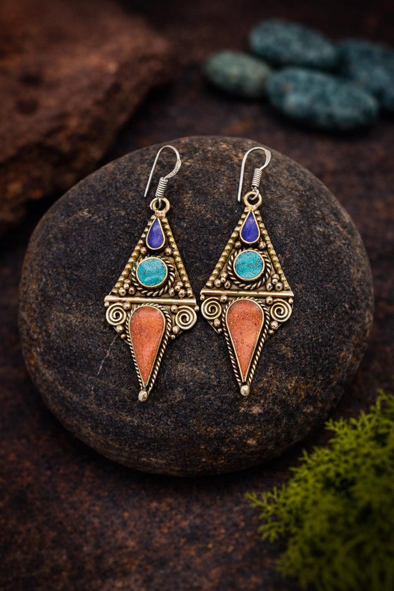 Boho Turquoise Coral Dangle Earrings, Handmade Nepalese Jewellery, Artisan Statement Gift, Boho Ethnic Style image 1