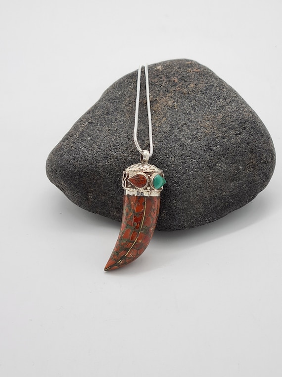 Sterling Silver Red Coral Tusk Pendant Sterling Silver Red Coral Tusk Pendant