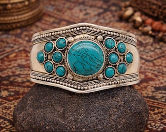 Handmade Nepalese Turquoise Cuff Bracelet | Silver-Tone Ethnic Jewellery | Himalayan Artisan Bangle