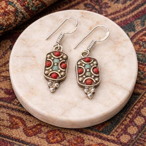 Small Ethnic Earrings, Elegant Red Jewellery, Artisan Statement Earrings, Bohemian Mosaic, Boho Style Accessories, Gift for women