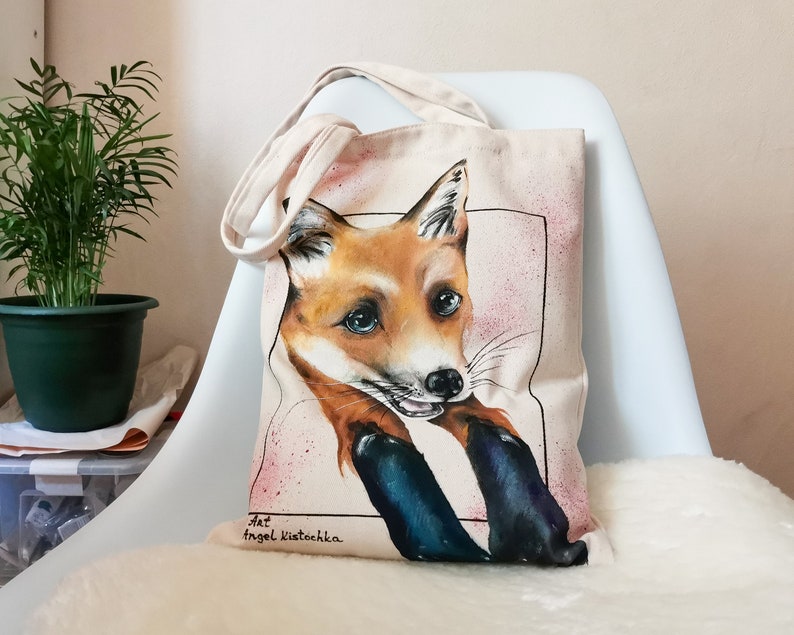 Art canvas bag Cotton Tote Bag Sly Red Fox Hand Painted