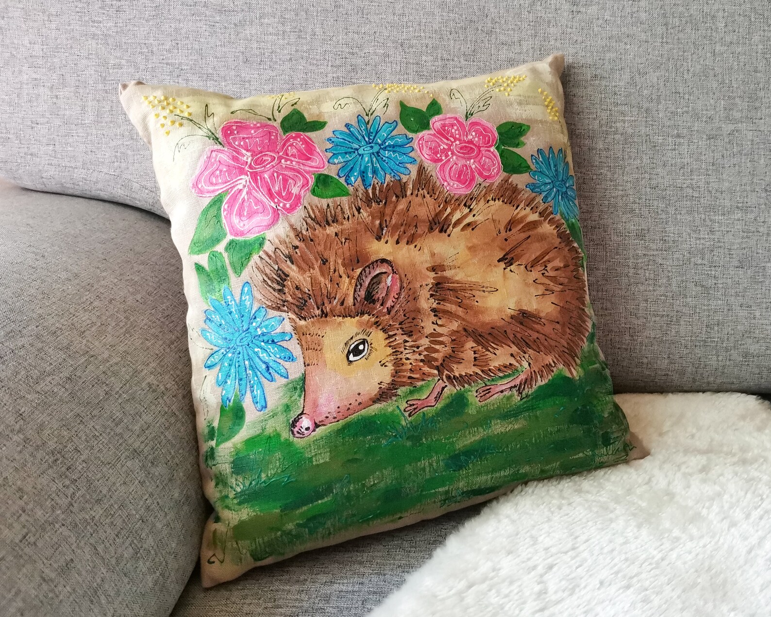 Hedgehog Pillow Hand Painted Pillow Case Flower Hedgehog Art Etsy