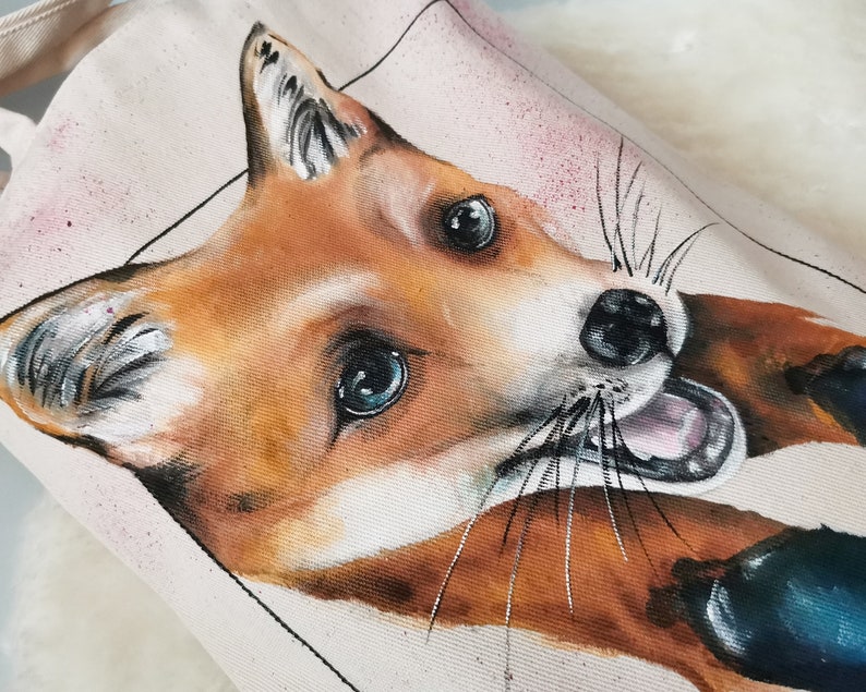 Art canvas bag Cotton Tote Bag Sly Red Fox Hand Painted