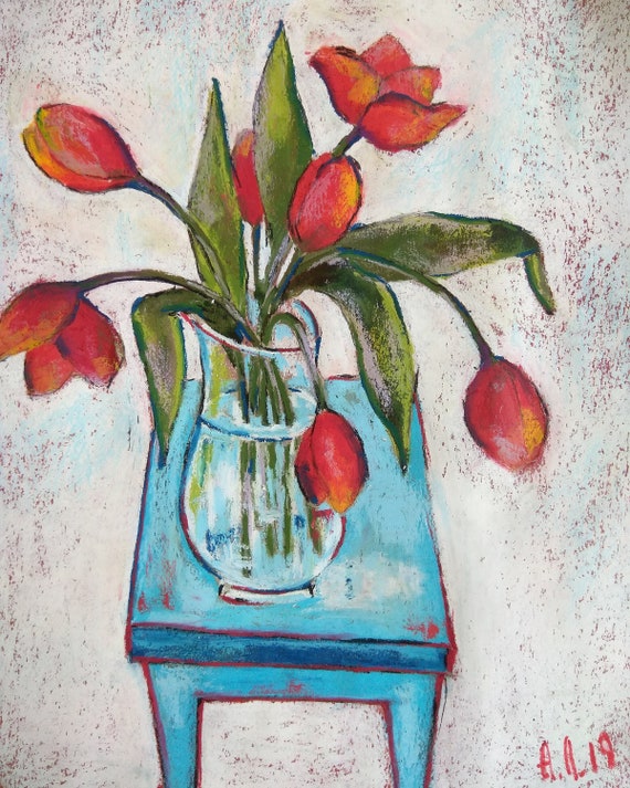 Oil pastel. Still life with flowers. Mixed media Etsy