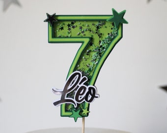 Cake Topper Shaker - Age + First Name - Birthday Deco - Birthday Cake Decoration - Green Tones - Beads and Sequins