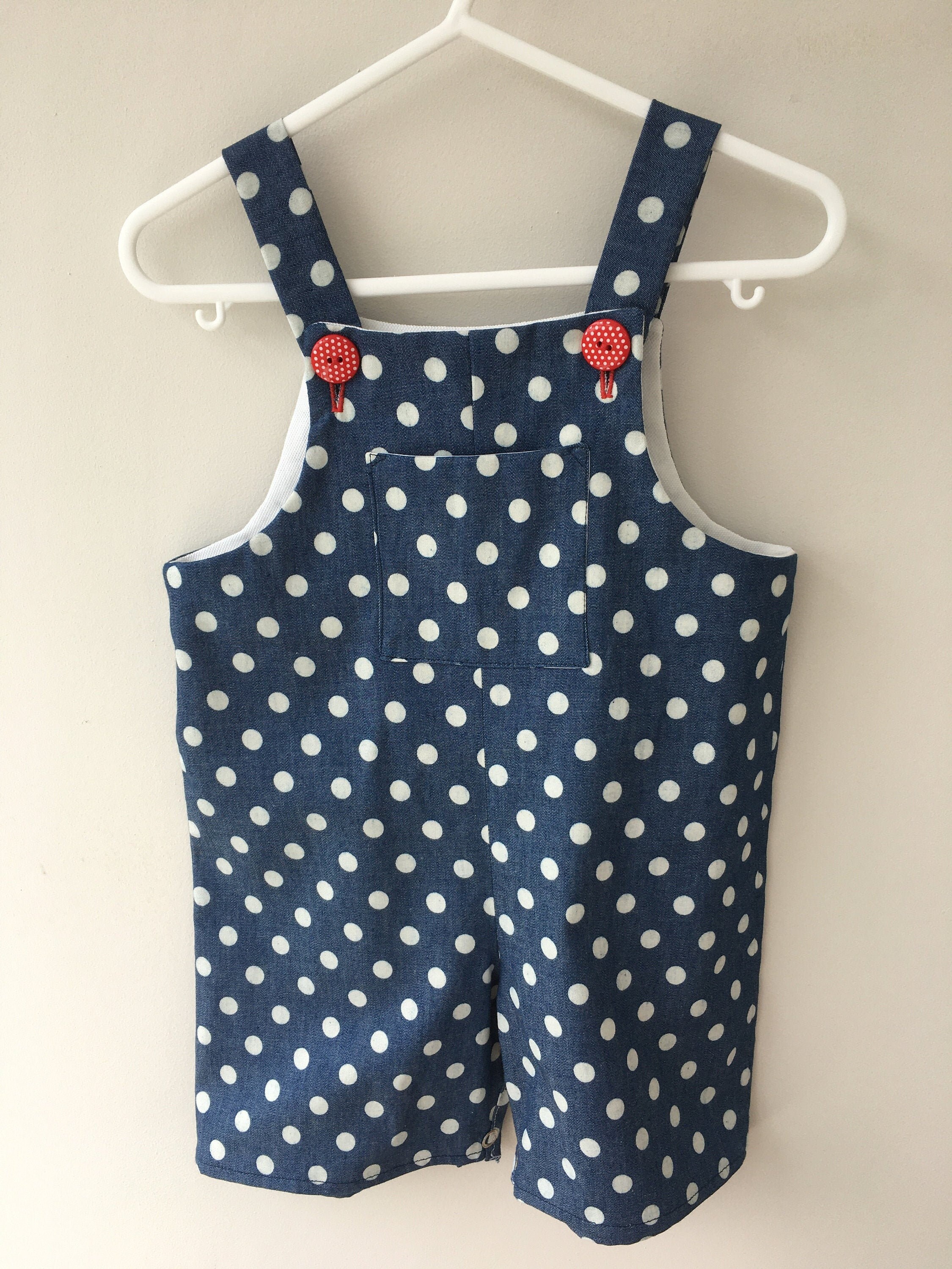 Baby short dungarees in navy & white spotty cotton fabric Etsy