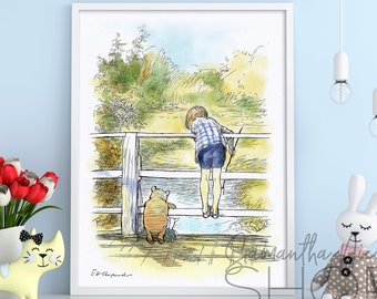 Winnie-the-Pooh, Piglet,and Christopher Robin playing Poohsticks. E.H. SHEPARD. Classic. Printable wall art (large)