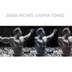 K&ouml;nnte beinhalten: Ein Schwarzwei&szlig;foto eines Bodybuilders mit erhobenen Armen. Er steht vor einer Menschenmenge. Das Foto ist in drei verschiedenen Sepiat&ouml;nen.