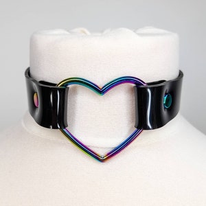 Rainbow Collar Heart Ring Choker in Black Vegan Leather PVC