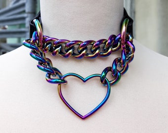 Rainbow Martingale Collar Heart Ring Chain Choker in Black Vegan Leather PVC