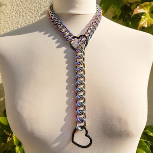 Rainbow Slip Chain Necklace Choker Day Collar Black Heart Rings Pet Play in Iridescent Anodized Metal