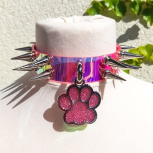 Pet Play Spiked Pink Collar Choker Kitten Cat Puppy Dog Furry Pawprint Charm Choker in Vegan Leather PVC