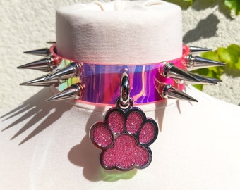Spiked Pink Petplay Choker: Vegan Leather Collar with Glitter Pawprint Charm