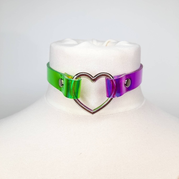 Purple Green Heart Ring Collar Choker  in Holographic Vegan Leather PVC with Choice of Colours