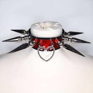 Black Spiked Collar Heart Ring Long Spike Choker in Holographic Vegan Leather PVC with Choice of Colours