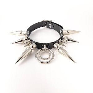 Black Big Long Spiked Choker Collar Necklace with O Rings in Vegan Leather PVC with Choice of Colours