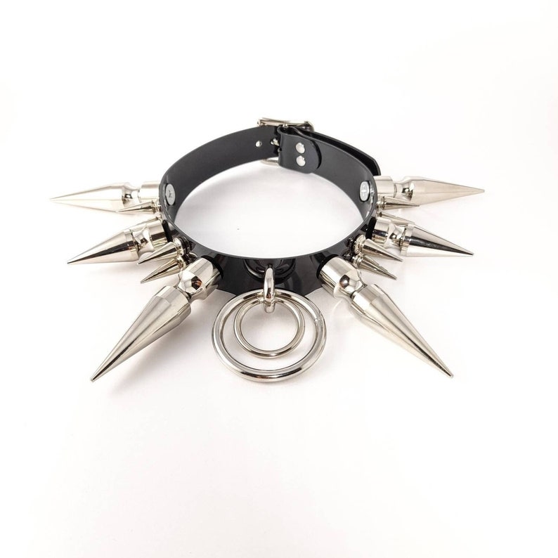 May include: A black leather choker with silver spikes and a silver ring. The choker is a punk rock style accessory.