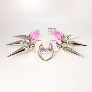 Holographic Vegan Leather Spiked Collar Choker with Heart Ring