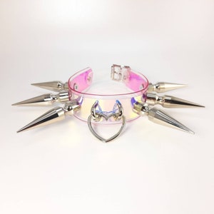 Pink Spiked Collar Heart Ring Long Spike Choker in Holographic Clear Vegan Leather PVC with Choice of Colours