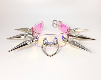 Holographischer Vegan Leder Spiked Choker Choker mit Herz Ring