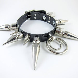 May include: A black leather choker with silver spikes and a double ring pendant.