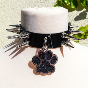 Pet Play Spiked Black Collar Choker Kitten Cat Puppy Dog Furry Pawprint Charm Choker in Vegan Leather PVC