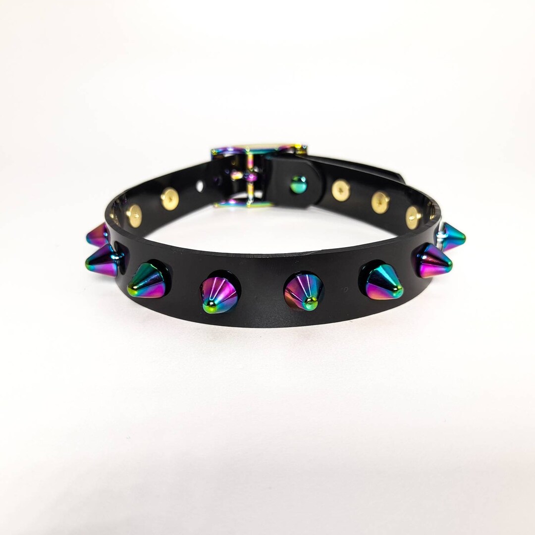 Rainbow Spiked Collar Choker in Black Vegan Leather PVC Etsy