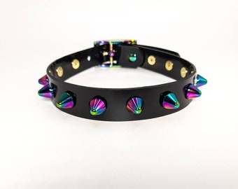 Black Spiked Rainbow Collar Choker Necklace in Black Vegan Leather PVC