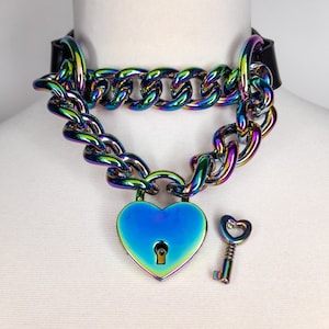 Padlock Martingale Rainbow Collar with Heart Lock and Key Locking Chain Choker in Black Vegan Leather PVC