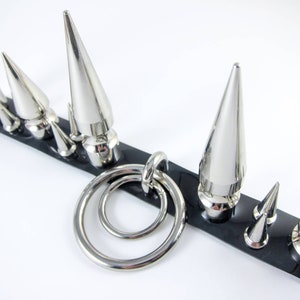 May include: A black leather choker with silver metal spikes and a double ring charm. The choker has a variety of spike sizes.