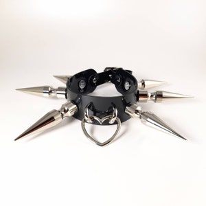 Black Big Spiked Collar Choker with Heart Ring Silver Long Spike Necklace in Vegan Leather PVC with Choice of Colours