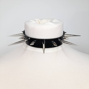 Black Long Spiked Choker Collar Necklace in Vegan Leather PVC with Choice of Colours