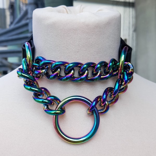 Rainbow Martingale Collar O Ring Chain Choker in Black Vegan Leather PVC