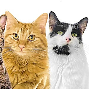 Retrato de 4 gatos, pintura al óleo digital personalizada, retrato de varias mascotas, regalos personalizados, retrato personalizado de varios gatos y perros