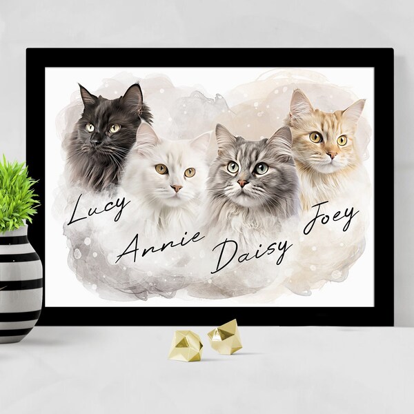 4 pets portrait, multiple cats, dog portrait custom, digital cat portrait, dog lover gift, custom multiple cat, customized cat portrait