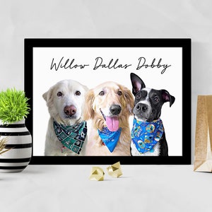 3 pet portrait multiple pets, Multiple pet portrait, customized pet portrait multiple pets, pet loss gift, pet memorial, pet lover gift
