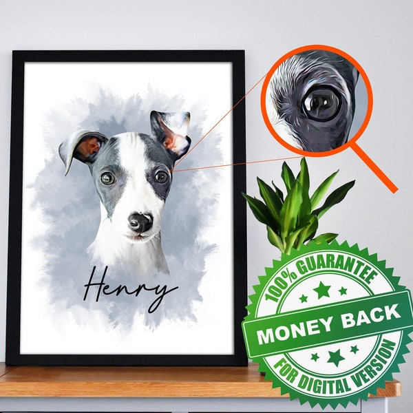 Pet Portrait Custom and Personalized. Dog portrait custom painting from photo. Pet Wall Art to Print on Poster or Canvas for gift.