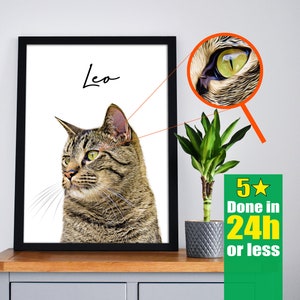 May include: A framed portrait of a tabby cat named Leo, with a close-up of its eye. The image is displayed on a wooden surface, with a small plant and a green sign that says "Done in 24h or less".