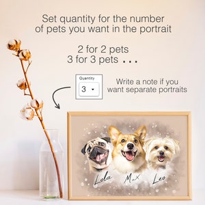 May include: A framed pet portrait featuring three dogs: a pug, a corgi, and a small white dog. The dogs are smiling with their names, Lola, Max, and Leo, written below. The image includes text that says "Set quantity for the number of pets you want in the portrait."