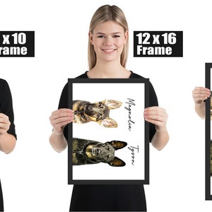 May include: Framed art prints featuring watercolor portraits of two dogs, Magnolia and Tyson, in black frames. Available in 8x10, 12x16, and 18x24 inch sizes. The names are written in elegant script.