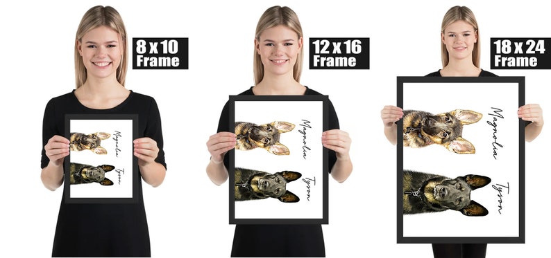 May include: Framed art prints featuring watercolor portraits of two dogs, Magnolia and Tyson, in black frames. Available in 8x10, 12x16, and 18x24 inch sizes. The names are written in elegant script.