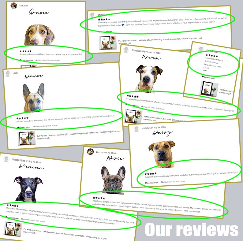 May include: A collection of customer reviews, each displayed on a white card with a portrait of a dog. The reviews feature star ratings and text praising the product's quality and service. The phrase "Our reviews" is at the bottom.