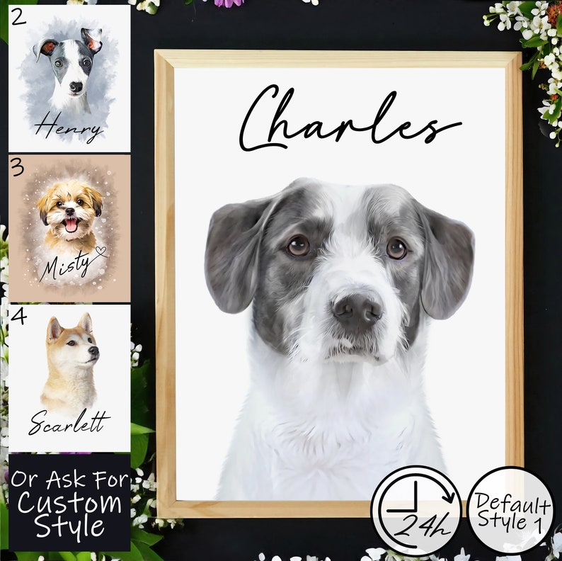 May include: A framed portrait of a dog named Charles, with a white and gray coat, set against a white background. The image is in a wooden frame. Additional portraits of dogs named Henry, Misty, and Scarlett are also shown. Text on the image includes "Or Ask For Custom Style".