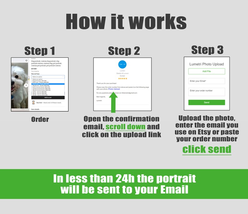 May include: A graphic illustrating the steps to order a custom pet portrait. The steps include ordering, opening a confirmation email, and uploading a photo. The text reads "How it works" and "In less than 24h the portrait will be sent to your Email."