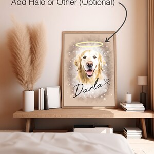 May include: A framed portrait of a Golden Retriever dog named Darla, with a halo above its head. The artwork is set against a beige background with a watercolor effect. The dog's name is written in cursive below the portrait.