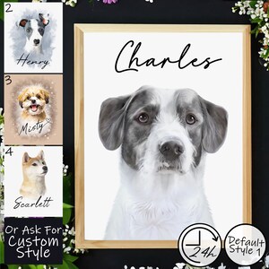 May include: A framed portrait of a dog named Charles, with a white and gray coat, set against a white background. The image is in a wooden frame. Additional portraits of dogs named Henry, Misty, and Scarlett are also shown. Text reads "Or Ask For Custom Style".