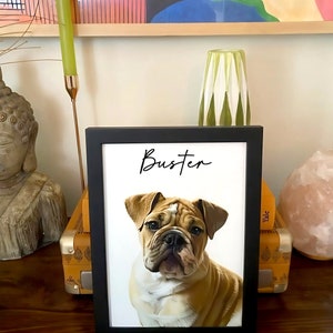 May include: A framed portrait of a bulldog with the name "Buster" in script. The dog has a tan and white coat, with a wrinkled face and floppy ears. The frame is black, and the background is white.